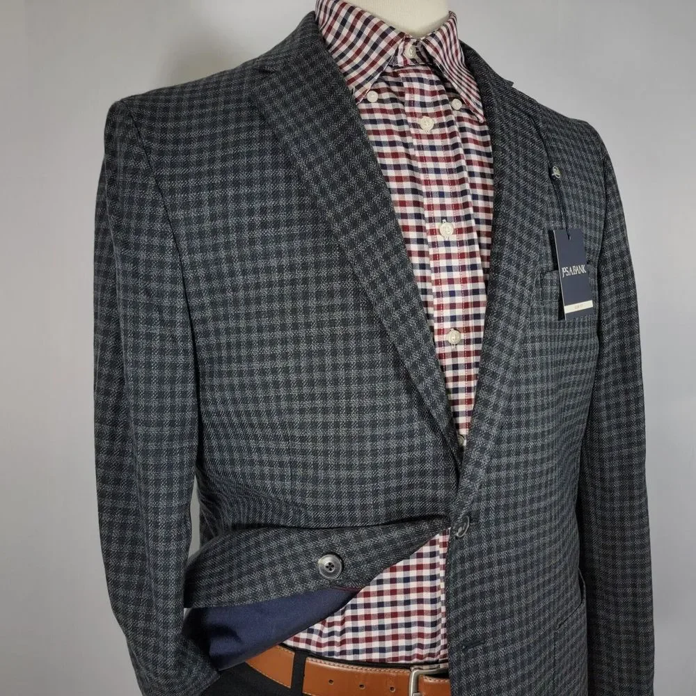 JOS A BANK Men's Sport Coat Two‎ Button Gray Black Check Wool Blend Slim Fit 46R